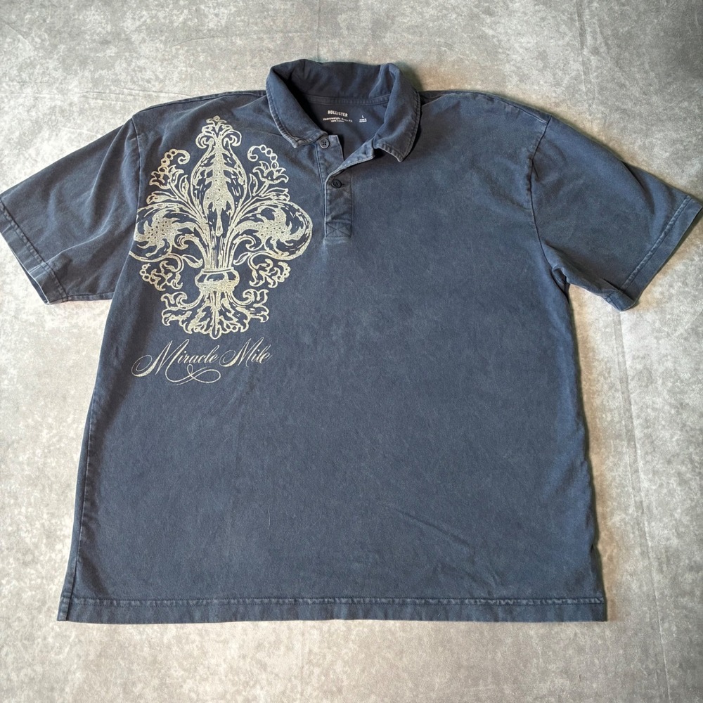 Hollister Mens Heavyweight Boxy Fit Polo Shirt Navy Blue Fleur De Lis Size L